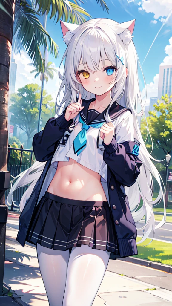 Sailor Suit，Clothes showing belly，girl，White pantyhose，White hair，Long hair，Cat ear，Heterochromia blue-yellow，Smile，Female face，There are bright spots in the eyes，Female hands，White little hands，Normal fingers，flat chest，in the park