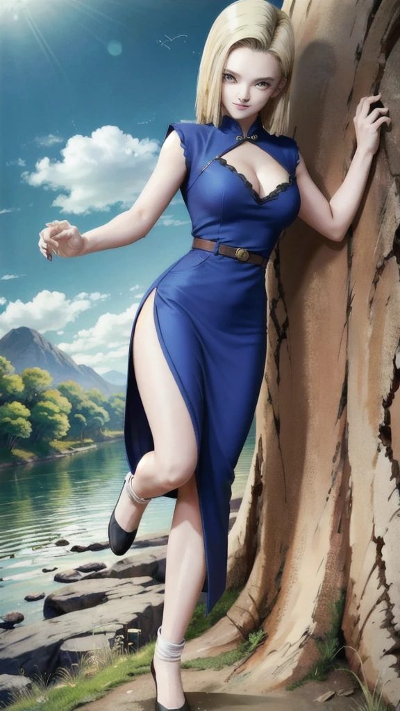 android 18,blonde hair,(((long hair))),blue eyes,(long slit red sexy cheongsam), (Red),looking at the audience,face smile,close-up,river,rock,tree,blue sky,high quality,masterpiece,sexy body, sexy Red Dress, red,perfect big breasts, Hyperrealistic intricate detail, Cinematic, 8K resolution, 70mm, Accent Lighting, Global Illumination, Full body portrait, clean detailed faces,