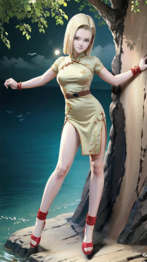 android 18,blonde hair,(((long hair))),blue eyes,(long slit red sexy cheongsam), (Red),looking at the audience,face smile,close-up,river,rock,tree,blue sky,high quality,masterpiece,sexy body, sexy Red Dress, red,perfect big breasts, Hyperrealistic intricate detail, Cinematic, 8K resolution, 70mm, Accent Lighting, Global Illumination, Full body portrait, clean detailed faces,