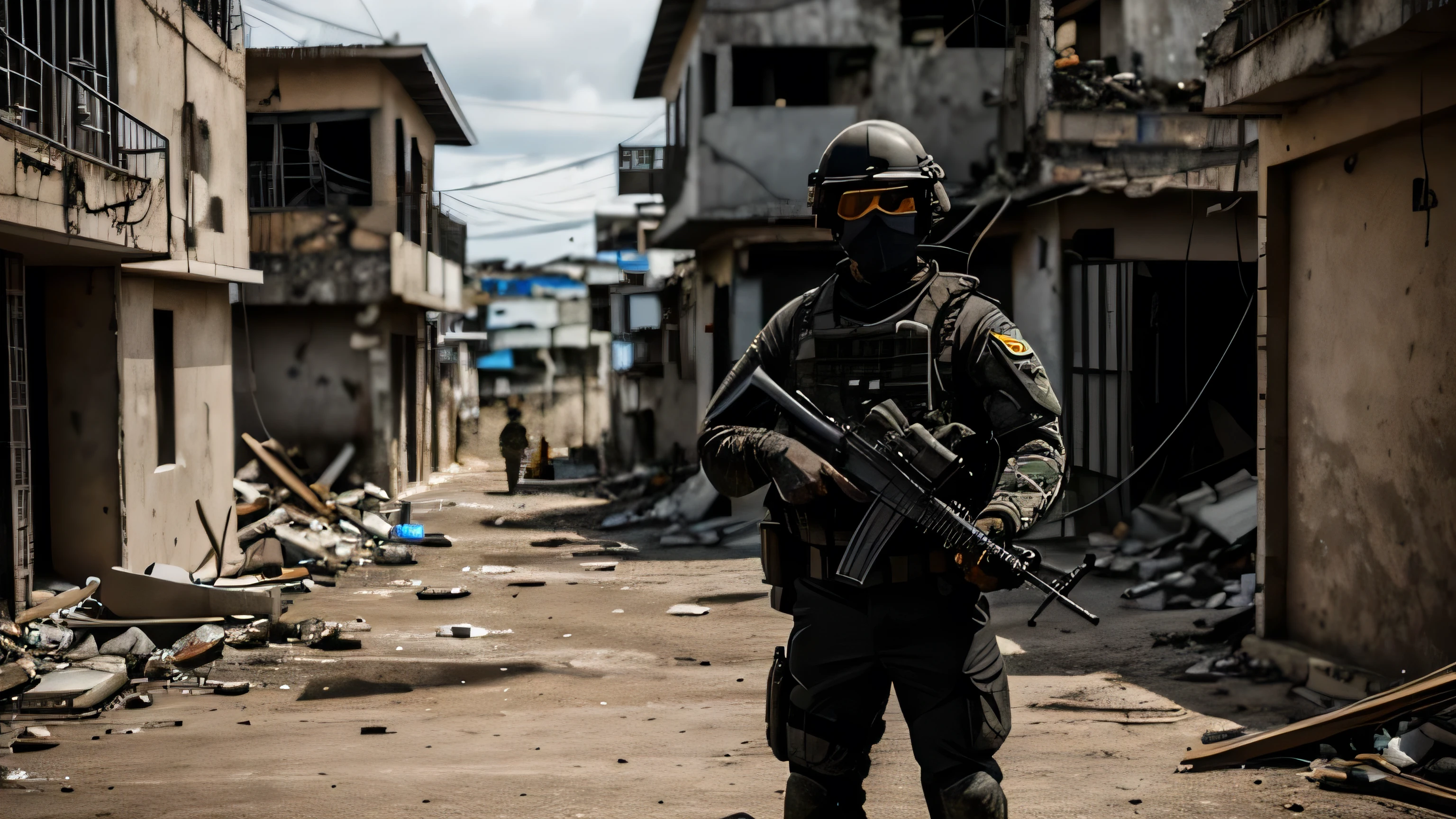 an elite soldier dressed in black with a mask standing in a destroyed favela, photorrealistic, highy detailed, ultra HD, bope, elite troop, brazil,
