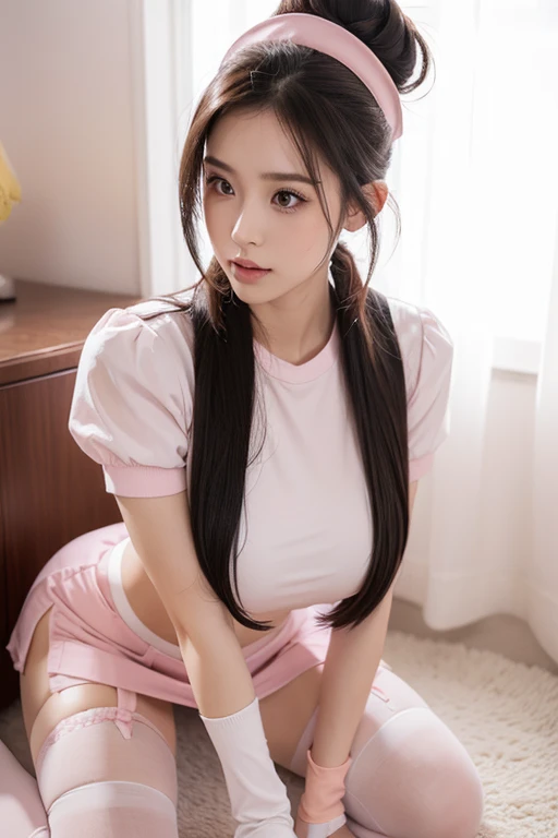 Fucking sexy,huge breasts,knee long socks,very long hair ,pink miniskirt,very large breasts,garter belt,humongous breats,hair bun,nurse shy uniform