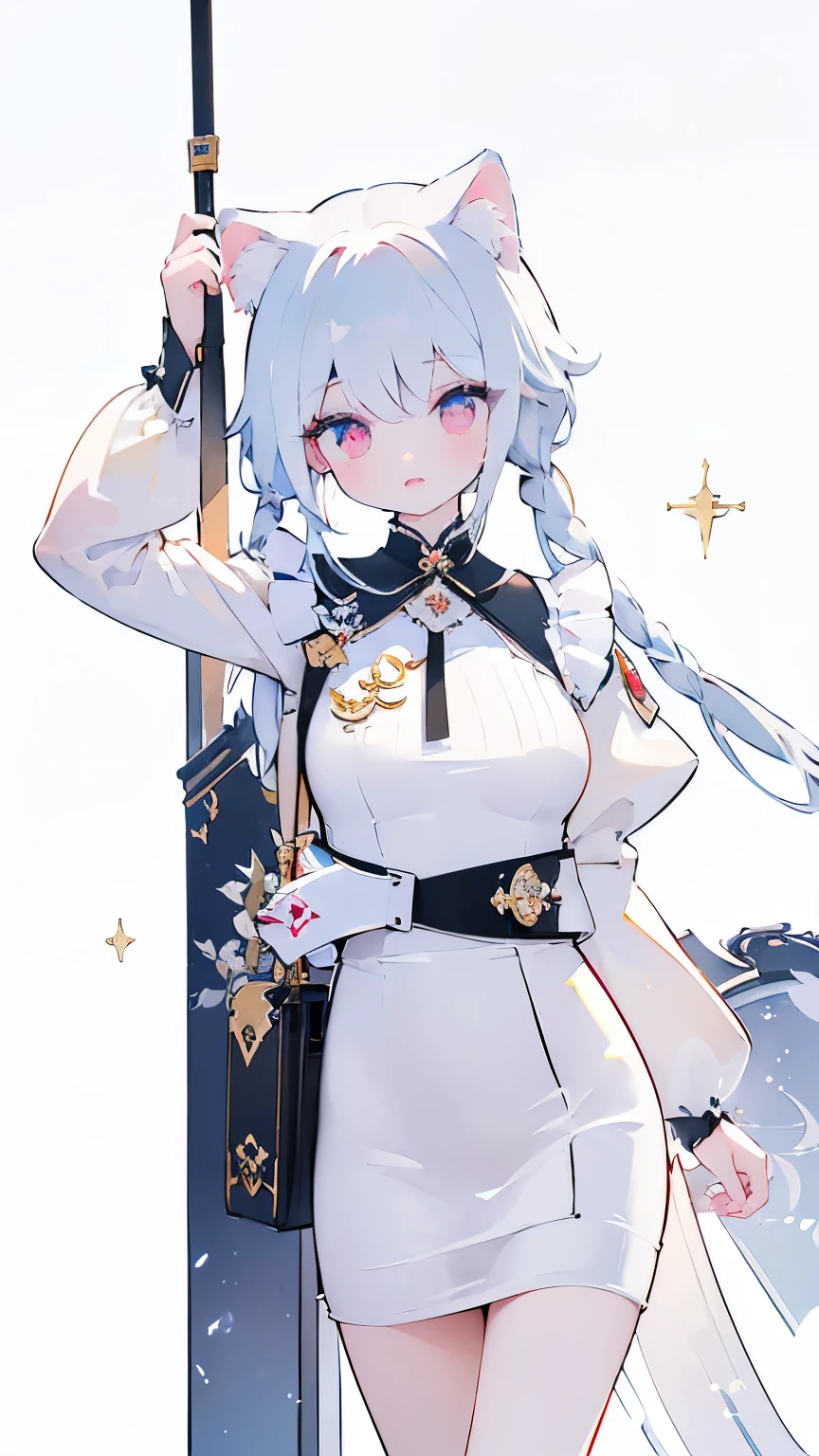 Tsundere 18 year old girl, beautiful and delicate eyes, beautiful lips, very detailed 눈과 얼굴, long eyelashes, 1girl, white cat ears, foot long bag, Front view, Red-eye, (top quality, 4K, 8K, high resolution, masterpiece:1.2), very detailed, (realistic인, realistic인, realistic인, realistic인, realistic: 1.37), very large breasts, Scythe, elegant, fantasy, white background,holding a weapon, maid uniform, I can see my armpits