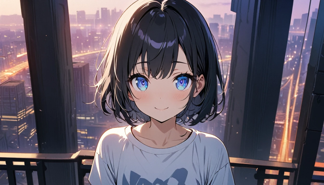 Txt2Img SDXL 12:59:56 1girl, solo, blue eyes, (detailed eyes), flat chest, short hair, black hair, ((white t-shirt)), simple t-shirt, black skirt, black socks, standing, upper body, gentle smile on her face((masterpiece, illustration, best quality)) a girl wearing sunglasses (sunglasses), Behind is the cityscape in the evening. There are twinkling lights of the city amidst the blue, blue, and purple sky. Cool girls stand on high balconies or bridges. Looking out at the city with a confident and calm expression. The colors of the picture emphasize the dramatic tone. close up to the face
