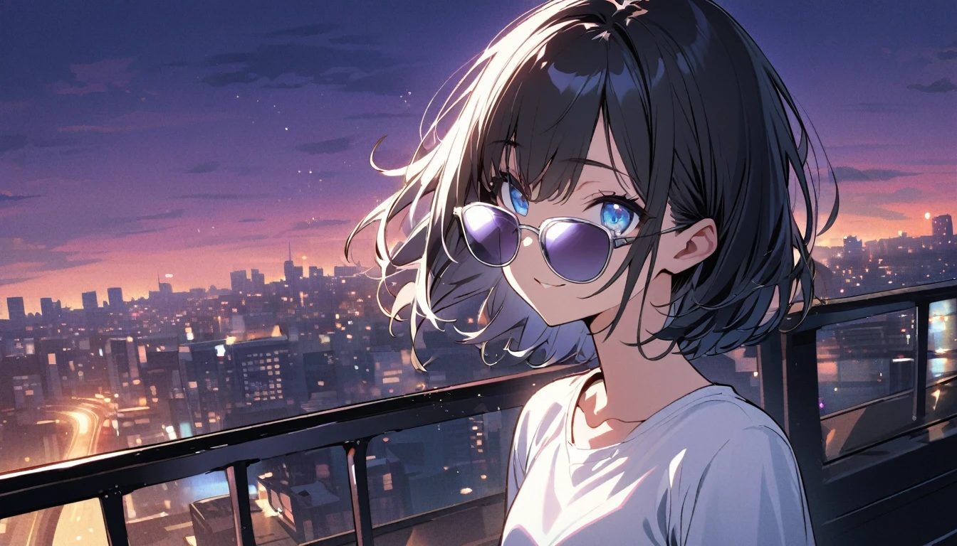 Txt2Img SDXL 12:59:56 1girl, solo, blue eyes, (detailed eyes), flat chest, short hair, black hair, ((white t-shirt)), simple t-shirt, black skirt, black socks, standing, upper body, gentle smile on her face((masterpiece, illustration, best quality)) a girl wearing sunglasses (sunglasses), Behind is the cityscape in the evening. There are twinkling lights of the city amidst the blue, blue, and purple sky. Cool girls stand on high balconies or bridges. Looking out at the city with a confident and calm expression. The colors of the picture emphasize the dramatic tone. close up to the face