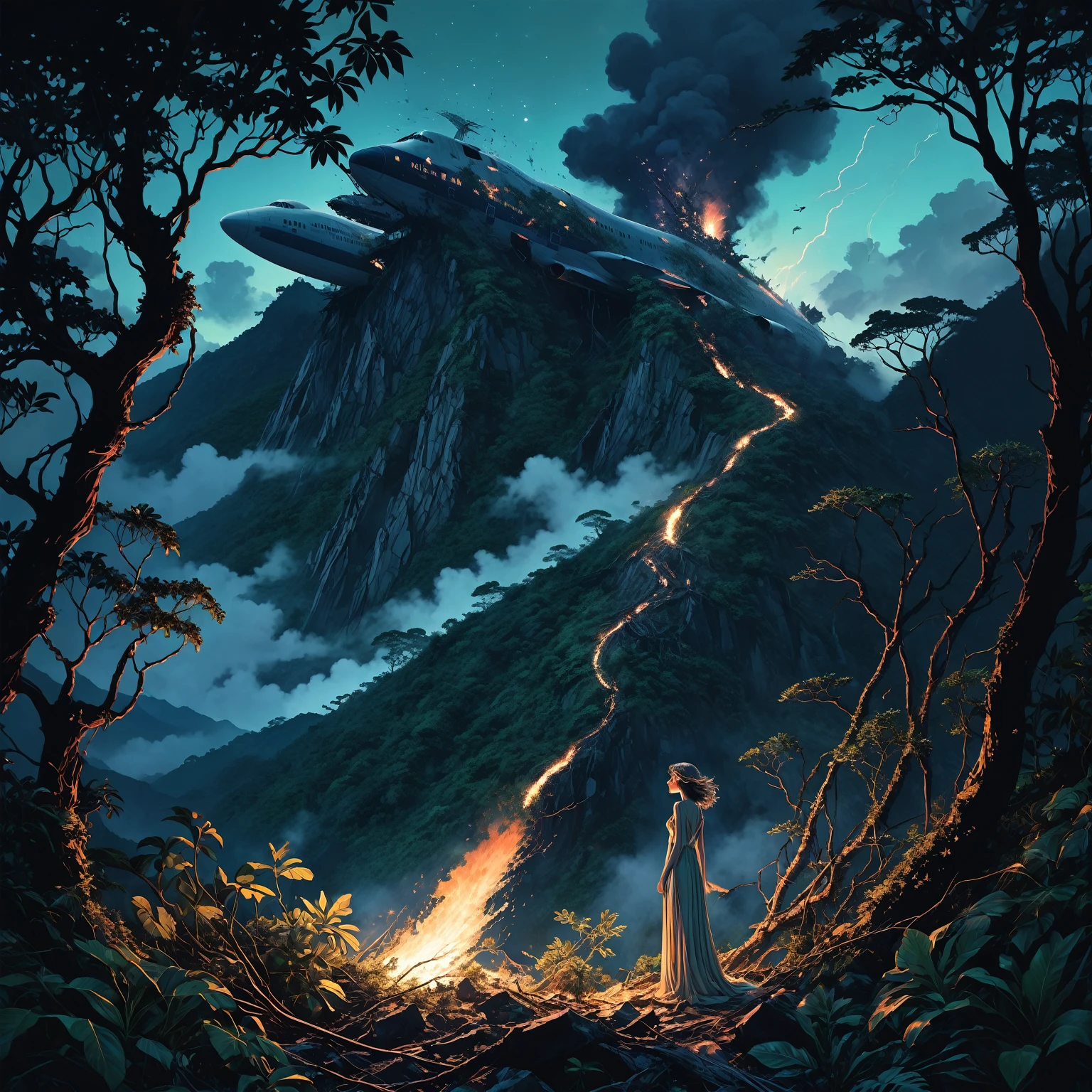 In a brief interim a ghostly dryad illuminates with St. Elmo's Fire a 747 crash site at the top of a mountain covered by tropical vegetation, showcasing the destruction partially hidden by vegetation, nighttime, melancholic, gloomy, eerie. inspired by manhua aesthetics.