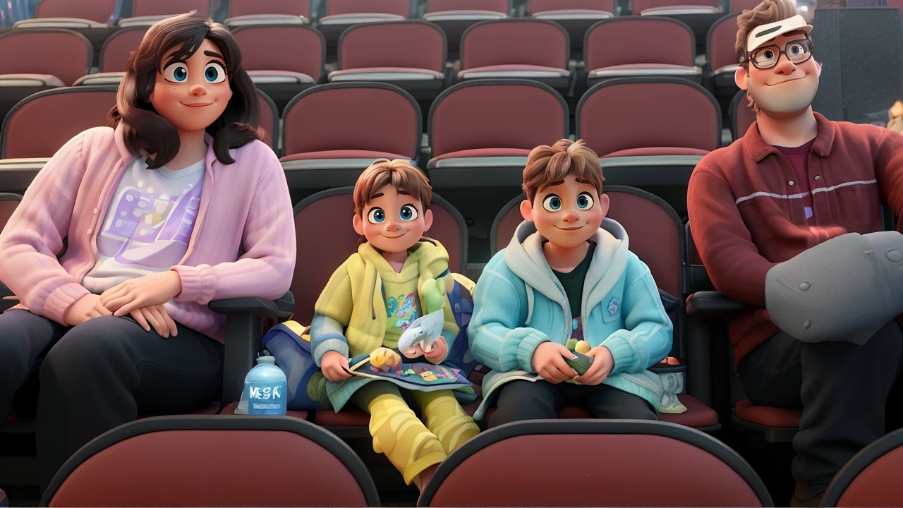 masterpiece, best quality, (extremely detailed CG unity 8k wallpaper), (best quality), (best illustration), (best shadow),A couple with two kids sitting in stadium, high quality photo, group photo, group portrait, commissioned, 8k quality, photo realistic in disney pixar style. high quality, 8k, master piece, 3d disney, disney pixar