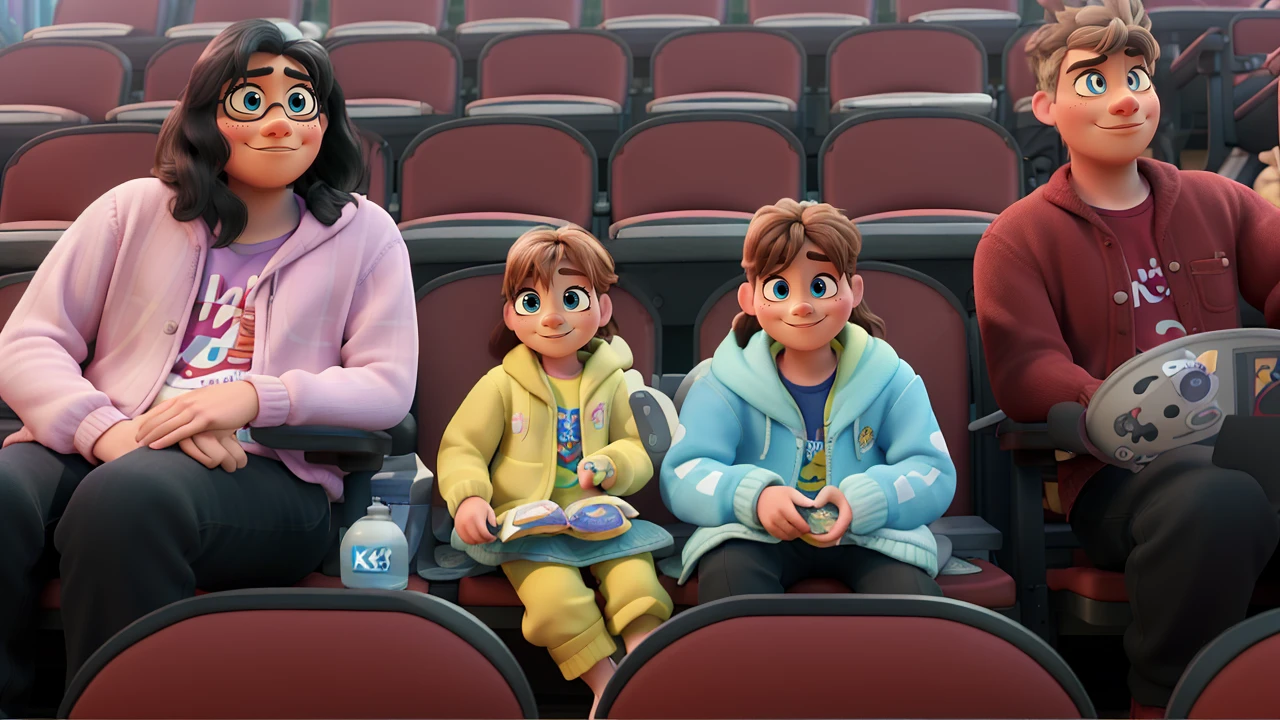 masterpiece, best quality, (extremely detailed CG unity 8k wallpaper), (best quality), (best illustration), (best shadow),A couple with two kids sitting in stadium, high quality photo, group photo, group portrait, commissioned, 8k quality, photo realistic in disney pixar style. high quality, 8k, master piece, 3d disney, disney pixar