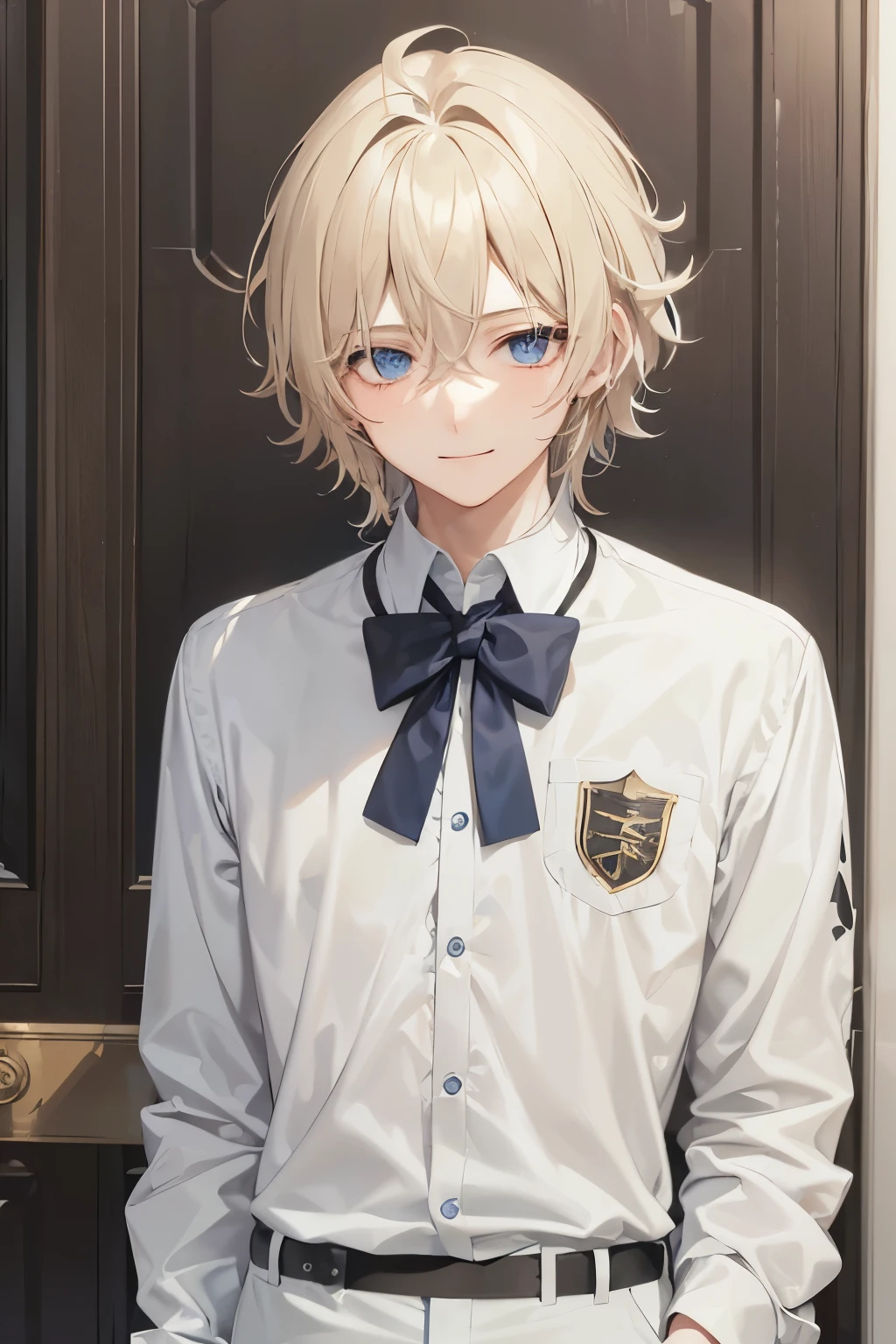 A boy, shota, short blonde hair, purple eyes, rabbit ears, white shirt and shorts, in a bed