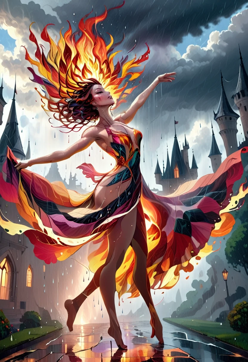 a sorceress of fire making fire dance in a the (storm of rain: 1.3), a most exquisite beautiful sorceress, controlling fire manipulating fire, a woman, dynamic hair color, dynamic hair style, (most beautiful face: 1.3), (ultra detailed face: 1.2), wet hair, wet face, dynamic eyes color, full body shot, wearing dress made of fire, wearing intricate high heels, light make up, dancing in courtyard of a fantasy castle background, ((heavy rain drops: 1.1)), clouds in the sky, (anatomically correct: 1.4), (full body shot: 1.1) , vibrant, Ultra-high resolution, High Contrast, (masterpiece:1.5), highest quality, Best aesthetics), best details, best quality, highres, ultra wide angle, 16k, [ultra detailed], masterpiece, best quality, (extremely detailed), firecd_xl, phoenix dress, fireMagicAI