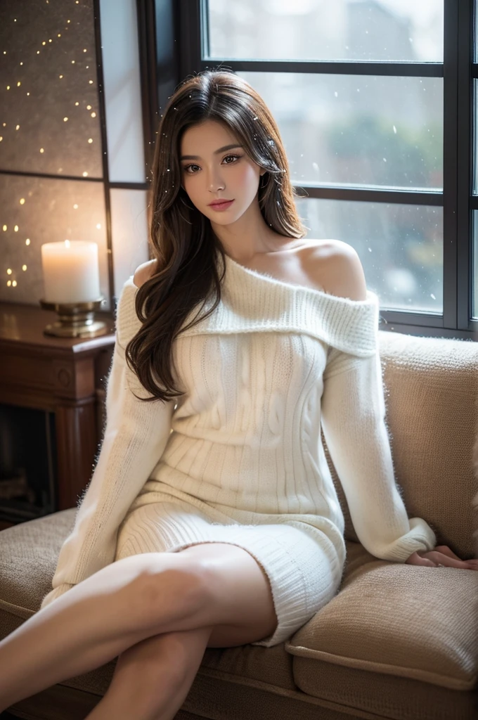 a stunningly realistic, high resolution 8K photo of a beautiful 30-year-old woman with medium long hair and a glamorous figure, sit on the sofa, indoor, dress, dramatic lighting, masterpiece, immersive atmosphere, chiaroscuro:(1.5, bright light:1.2, luminous lighting), (background blur:1.5), blurring, best quality, photorealistic, ultra-detailed, HDR, physically-based rendering, studio lighting, vivid colors, bokeh, (real skin texture:1.3), high contrast, (High-end interior:0.6), (fur carpet), (fireplace:1), (window, outside snowing), (neckline), (oversized_sweater:1.2)