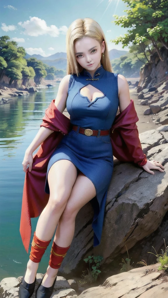 android 18,blonde hair,(((long hair))),blue eyes,(long slit red sexy cheongsam), (Red),looking at the audience,face smile,close-up,river,rock,tree,blue sky,high quality,masterpiece,sexy body, sexy Red Dress, red,perfect big breasts, Hyperrealistic intricate detail, Cinematic, 8K resolution, 70mm, Accent Lighting, Global Illumination, Full body portrait, clean detailed faces,