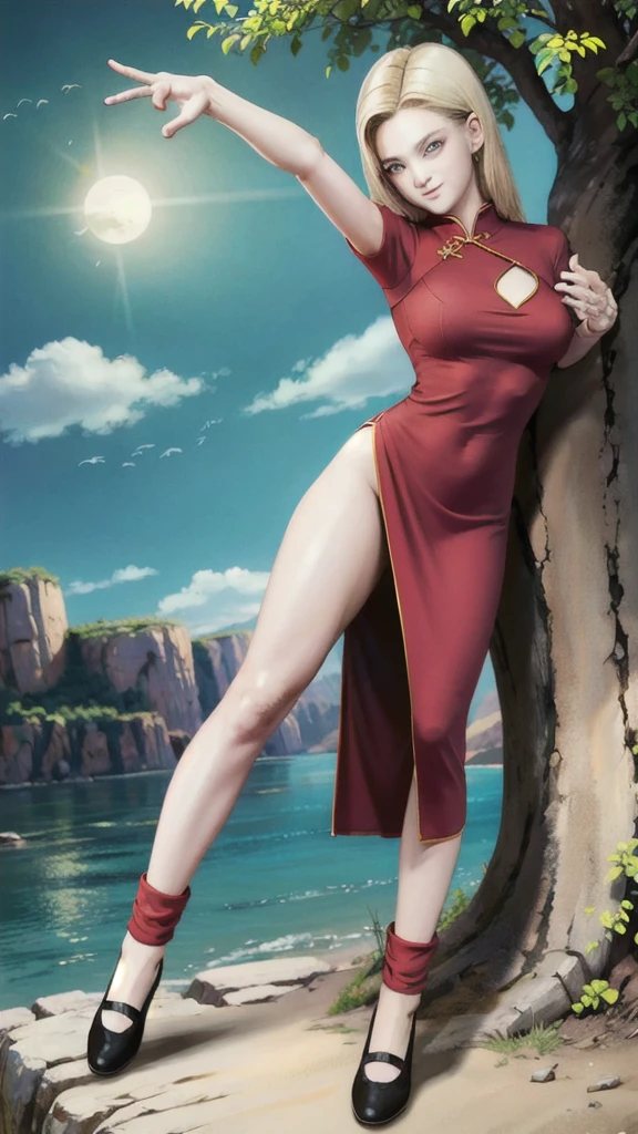 android 18,blonde hair,(((long hair))),blue eyes,(long slit red sexy cheongsam), (Red),looking at the audience,face smile,close-up,river,rock,tree,blue sky,high quality,masterpiece,sexy body, sexy Red Dress, red,perfect big breasts, Hyperrealistic intricate detail, Cinematic, 8K resolution, 70mm, Accent Lighting, Global Illumination, Full body portrait, clean detailed faces,