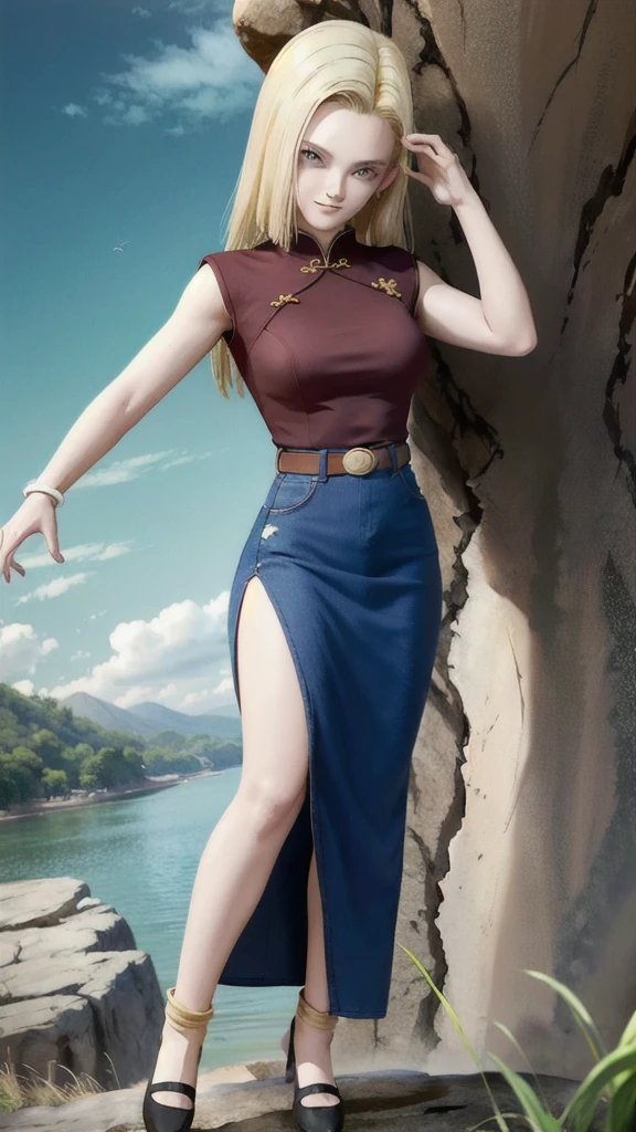 android 18,blonde hair,(((long hair))),blue eyes,(long slit red sexy cheongsam), (Red),looking at the audience,face smile,close-up,river,rock,tree,blue sky,high quality,masterpiece,sexy body, sexy Red Dress, red,perfect big breasts, Hyperrealistic intricate detail, Cinematic, 8K resolution, 70mm, Accent Lighting, Global Illumination, Full body portrait, clean detailed faces,