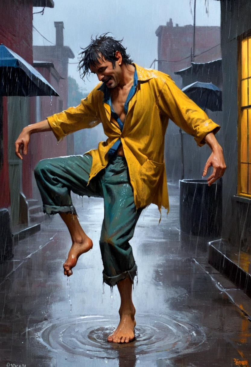 Madman dancing in the rain，Ragged clothes，Barefoot，Artistic Creativity：1.37
