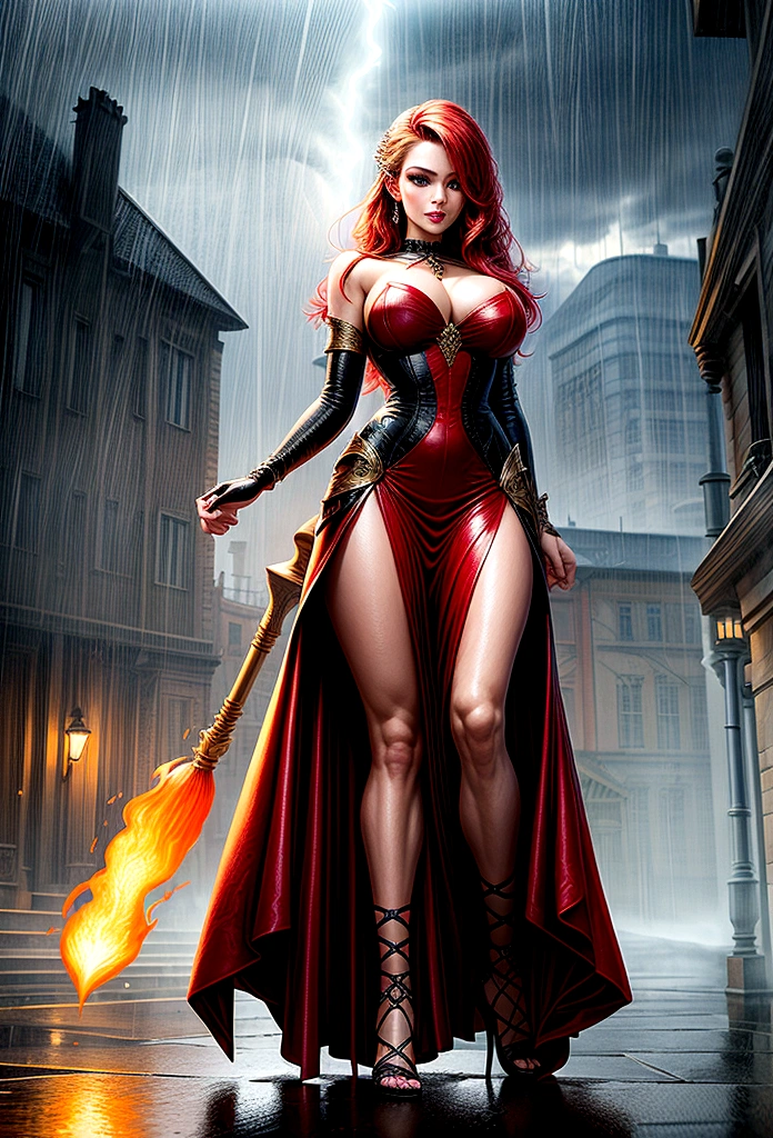 a sorceress of fire making fire dance in a the (storm of rain: 1.3), a most exquisite beautiful sorceress, controlling fire manipulating fire, a woman, dynamic hair color, dynamic hair style, (most beautiful face: 1.3), (ultra detailed face: 1.2), wet hair, wet face, dynamic eyes color, full body shot, wearing dress made of fire, wearing intricate high heels, light make up, dancing in courtyard of a fantasy castle background, ((heavy rain drops: 1.1)), clouds in the sky, (anatomically correct: 1.4), (full body shot: 1.1) , vibrant, Ultra-high resolution, High Contrast, (masterpiece:1.5), highest quality, Best aesthetics), best details, best quality, highres, ultra wide angle, 16k, [ultra detailed], masterpiece, best quality, (extremely detailed), firecd_xl, phoenix dress, 