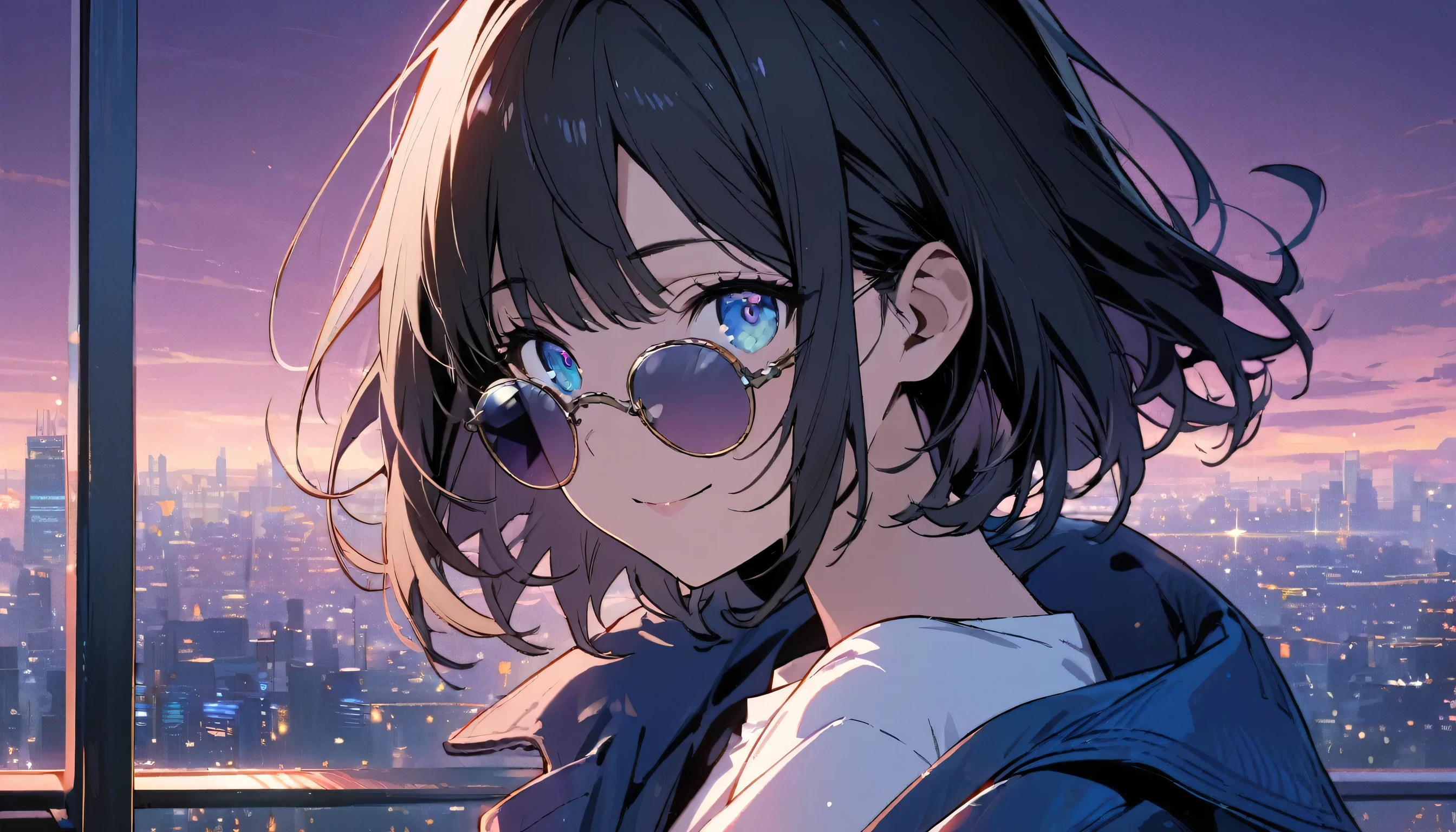 1girl, solo, blue eyes, (detailed eyes), flat chest, short hair, black hair, ((white t-shirt)), simple t-shirt, black skirt, black socks, standing, upper body, gentle smile on her face((masterpiece, illustration, best quality)) girl in a blue coat Wear sunglasses Behind is the cityscape in the evening. There are twinkling lights of the city amidst the blue, blue, and purple sky. Cool girls stand on high balconies or bridges. Looking out at the city with a confident and calm expression. The colors of the picture emphasize the dramatic tone. close up to the face