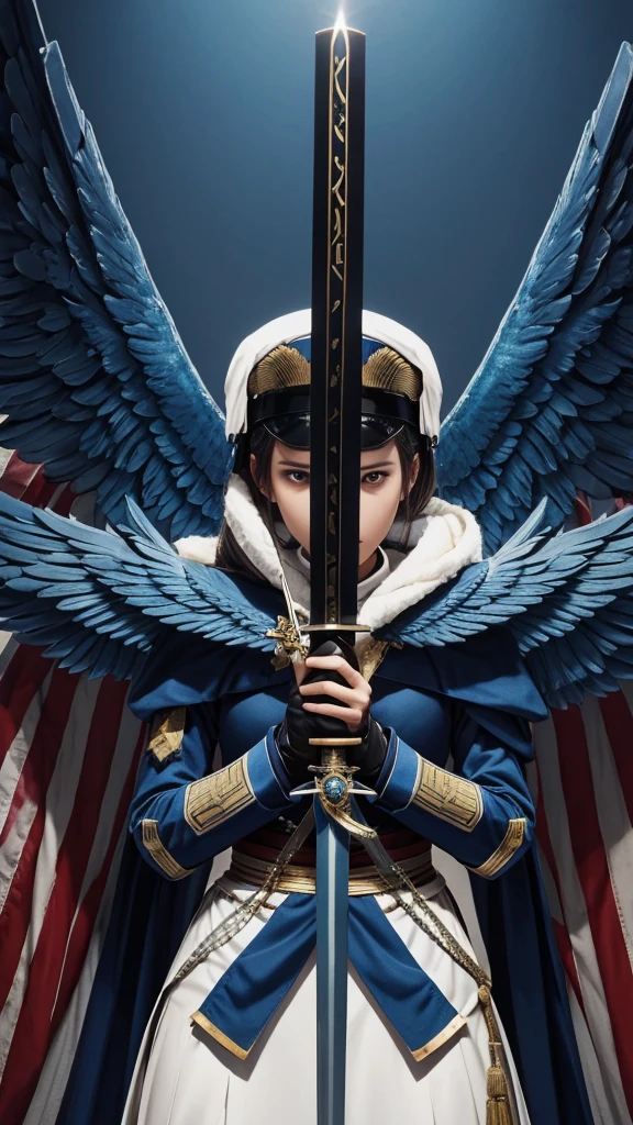 Imperial military with uniform, two swords and blue wings 