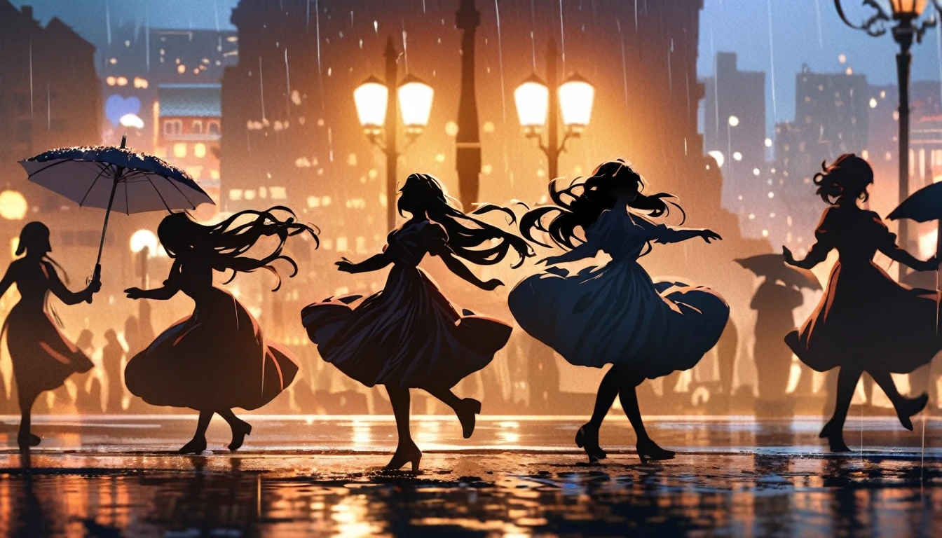 Vibrant, dynamic, carefree, joyful, mesmerizing, woman, dancing, rain, umbrella, city, night, streetlights, reflections, puddles, raindrops, mist, fog, soft, warm, golden, lighting, atmospheric, moody, cinematic, stunning, beautiful, captivating, enchanting, alluring, seductive, mysterious, dreamy, ethereal, whimsical, romantic, nostalgic, melancholic, introspective, emotive, expressive, artistic, creative, imaginative, vivid, colorful, detailed, realistic, high-quality, intricate, ornate, luxurious, refined, polished, sophisticated, 