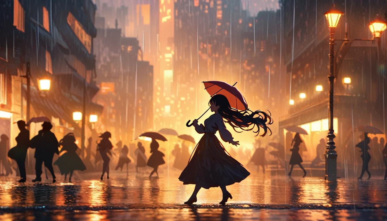 masterpiece, highly detailed, cinematic, 4k resolution, stunning, breathtaking, dramatic, Dancing in the Rain, impressionistic, woman, silhouette, cityscape, soft light, joyful, romantic, flowing hair, smiling, umbrella, streetlight, nostalgic, no blurry, no low resolution, no ugly, no deformed, no unrealistic, no cartoon, no anime