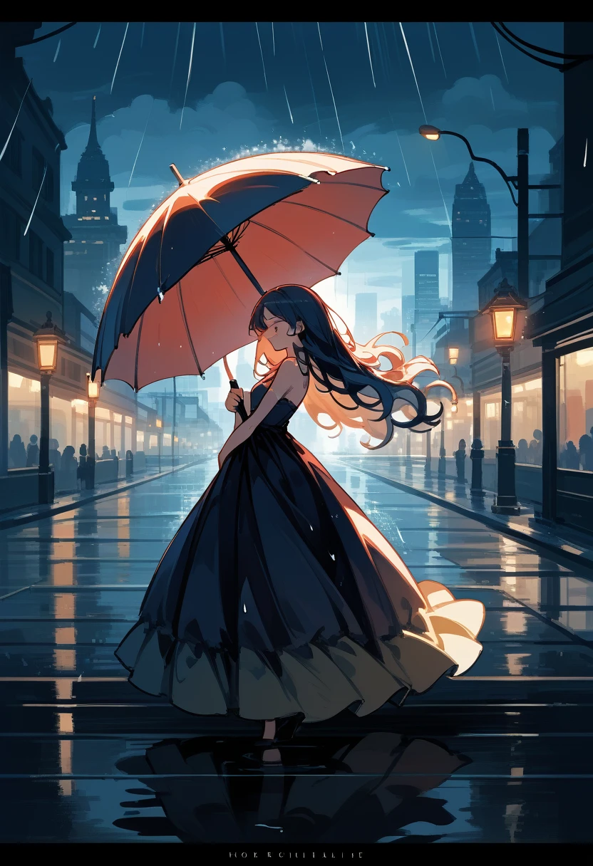 masterpiece, highly detailed, cinematic, 4k resolution, stunning, breathtaking, dramatic, Dancing in the Rain, impressionistic, woman, silhouette, cityscape, soft light, joyful, romantic, flowing hair, smiling, umbrella, streetlight, nostalgic, no blurry, no low resolution, no ugly, no deformed, no unrealistic, no cartoon, no anime