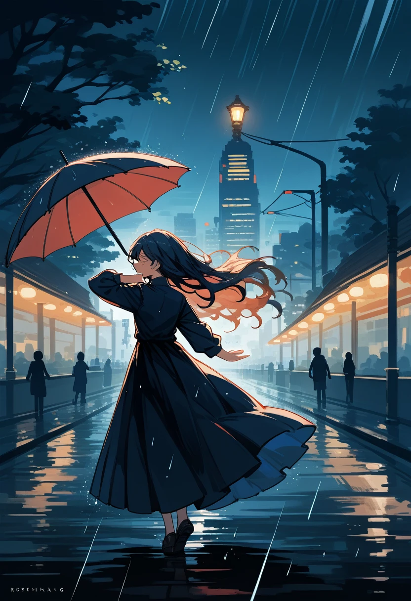 masterpiece, highly detailed, cinematic, 4k resolution, stunning, breathtaking, dramatic, Dancing in the Rain, impressionistic, woman, silhouette, cityscape, soft light, joyful, romantic, flowing hair, smiling, umbrella, streetlight, nostalgic, no blurry, no low resolution, no ugly, no deformed, no unrealistic, no cartoon, no anime