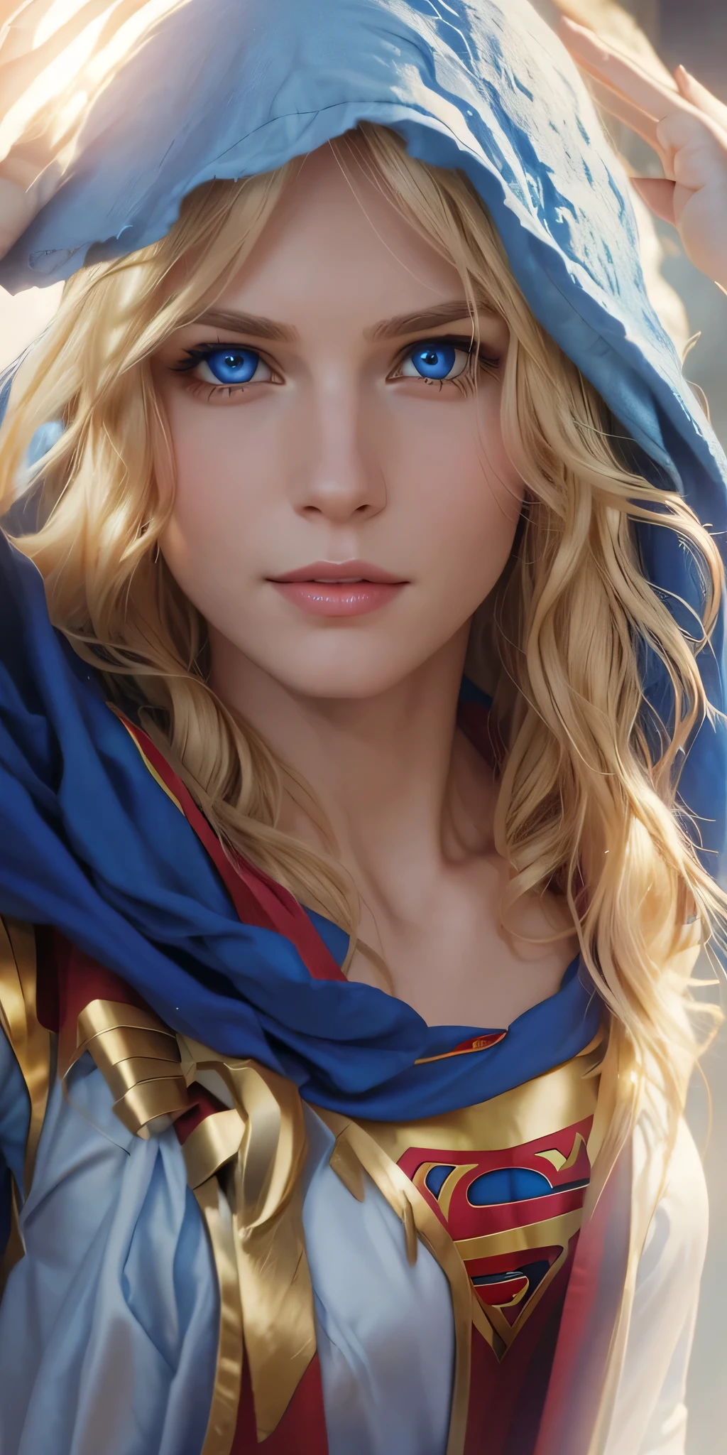 The character Supergirl, perfect costume with the traditional "S" in the chest, shiny blue eyes, extremely beautiful blond hair, beautiful smile , perfect anatomy and extremely beautiful face 