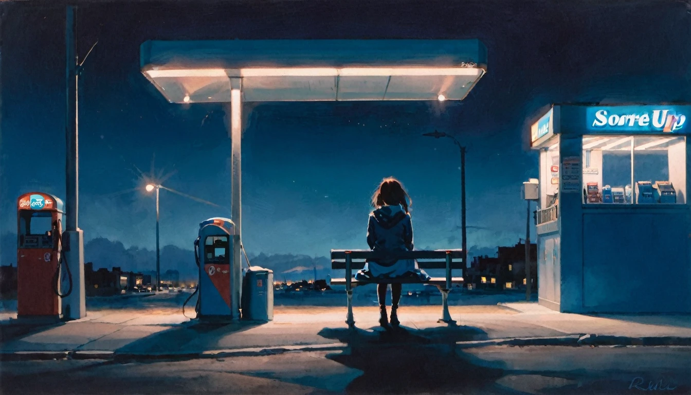 score_9, score_8_up, score_7_up, by rella, a girl sitting on a bench looking out in the night, sitting in a gas station, dark, nighttime, viewed from the back, spotlight on the girl, illuminated by a street light, blue colors, somber, peaceful, masterpiece.
