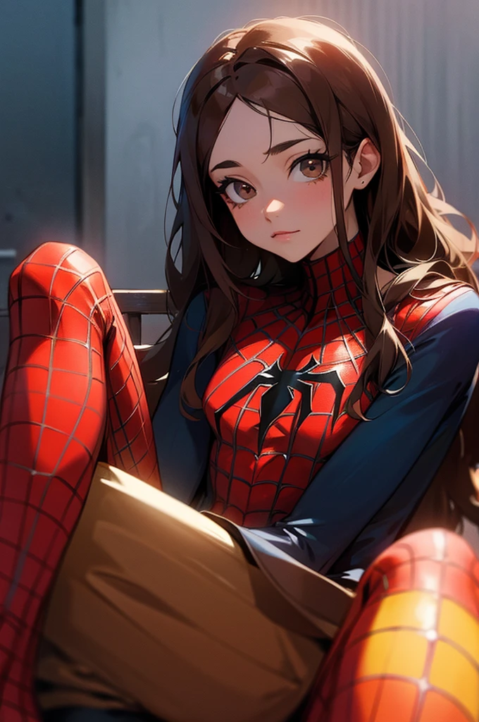 A photograph of spiderman, con mascara, long brown hair, looking to the camera