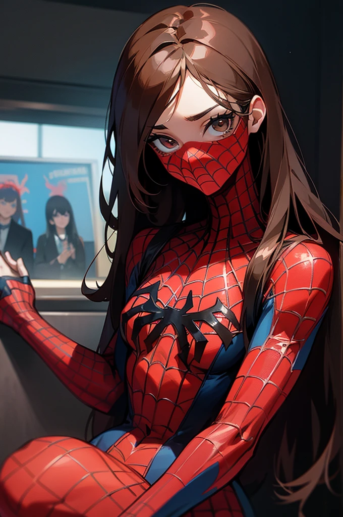 A photograph of spiderman, con mascara, long brown hair, looking to the camera