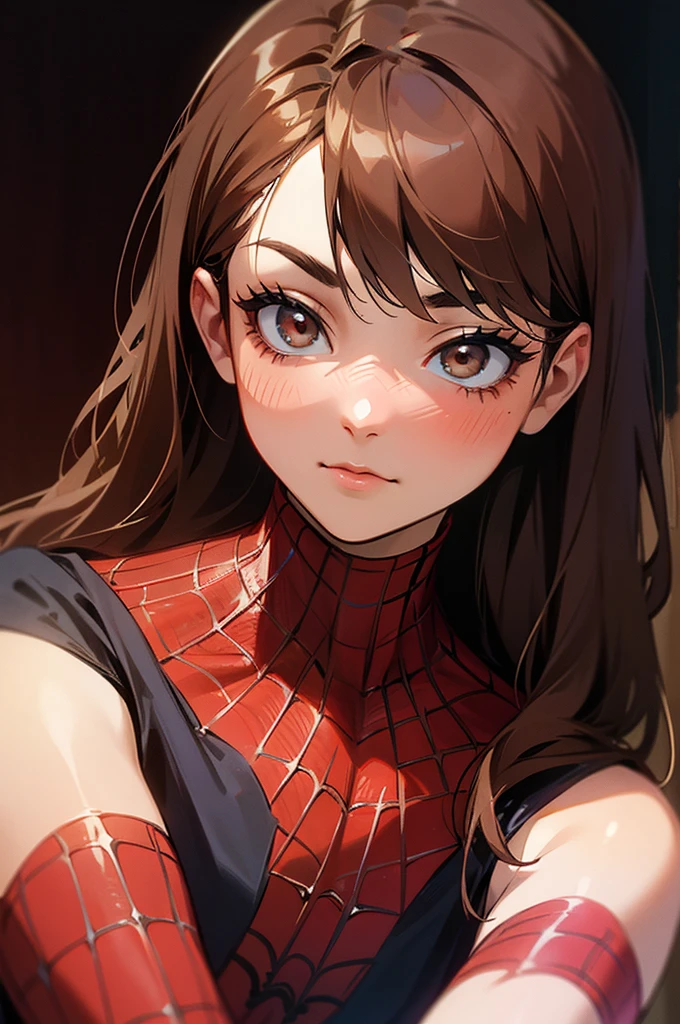 A photograph of spiderman, con mascara, long brown hair, looking to the camera