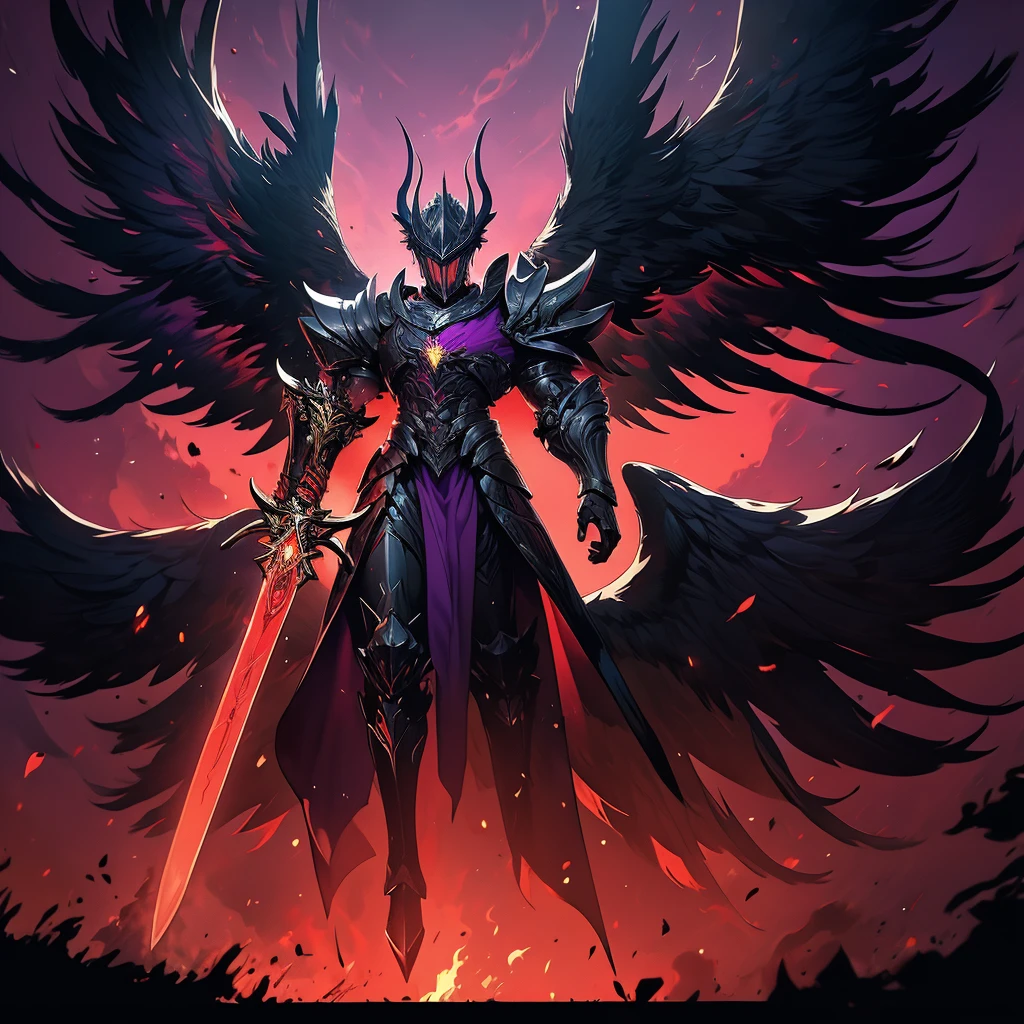 argus, red wings with black, fire wings, black armor with red edges, sword mitica, scene in crimson forest, escenario luna de blood, fire in the face, aurora of fire, purple background, fire in the wings, blood, luna de blood, blood en las alas, ultra hd, high quality, maximum quality, Fallen Angel, argus, full body, red armor, black background, escenario luna de blood, black wings, black edges, absurd resolution, High resolution, (masterpiece), alas de blood, fire wings, Fire ring, dark dawn, red aura, sword, sword maestra, mythic sword, carmesi moon background, purple background