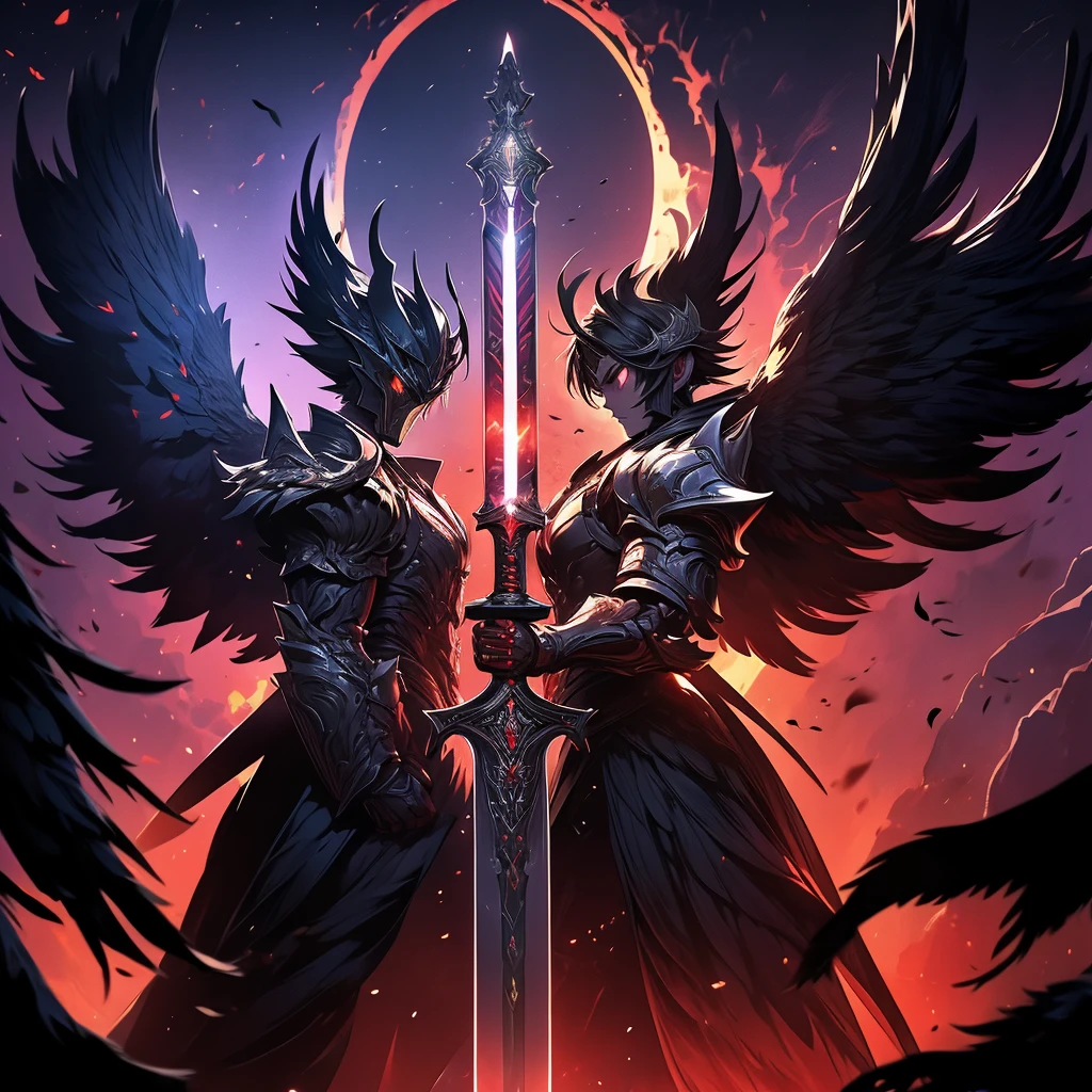 argus, red wings with black, fire wings, black armor with red edges, sword mitica, scene in crimson forest, escenario luna de blood, fire in the face, aurora of fire, purple background, fire in the wings, blood, luna de blood, blood en las alas, ultra hd, high quality, maximum quality, Fallen Angel, argus, full body, red armor, black background, escenario luna de blood, black wings, black edges, absurd resolution, High resolution, (masterpiece), alas de blood, fire wings, Fire ring, dark dawn, red aura, sword, sword maestra, mythic sword, carmesi moon background, purple background