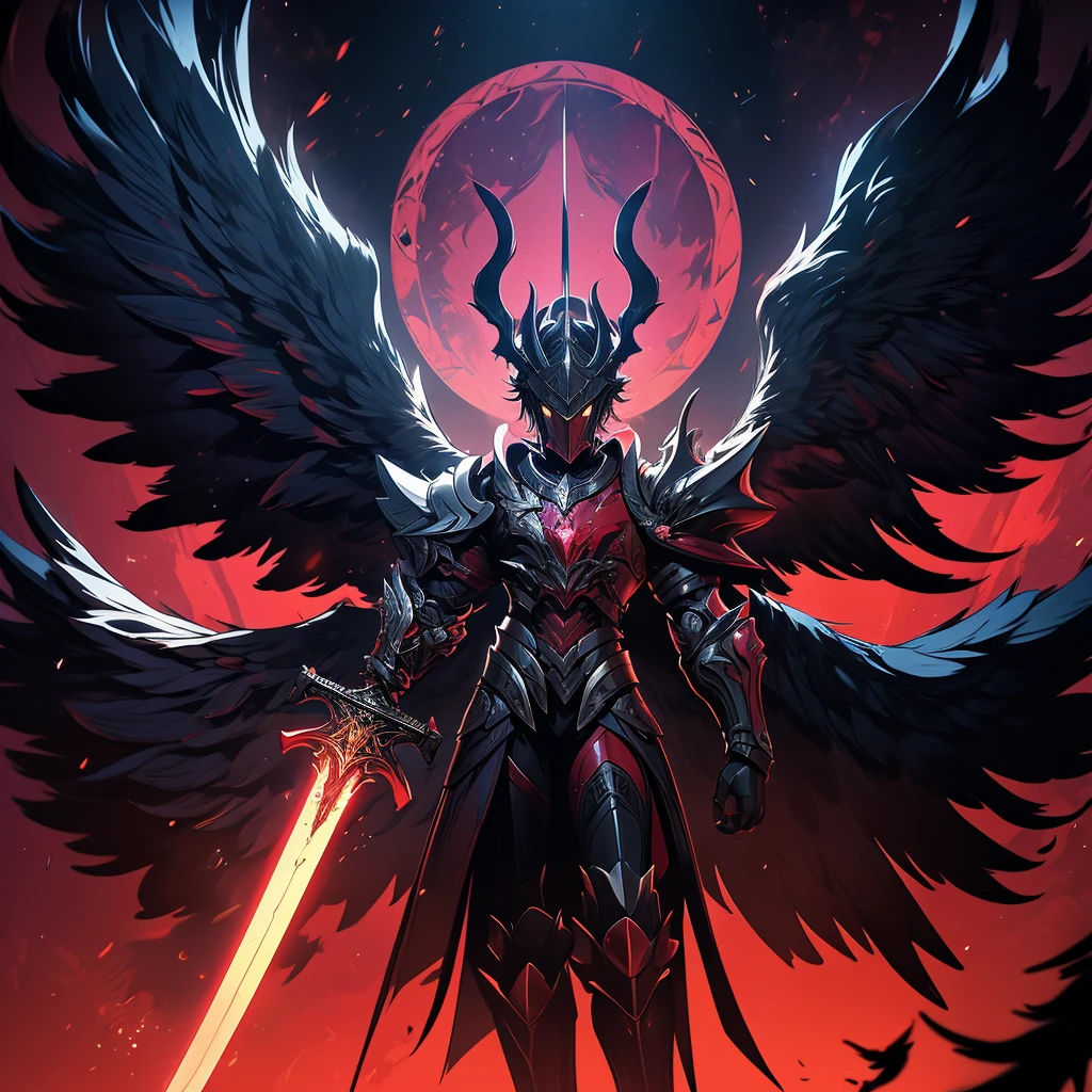 argus, red wings with black, fire wings, black armor with red edges, sword mitica, scene in crimson forest, escenario luna de blood, fire in the face, aurora of fire, purple background, fire in the wings, blood, luna de blood, blood en las alas, ultra hd, high quality, maximum quality, Fallen Angel, argus, full body, red armor, black background, escenario luna de blood, black wings, black edges, absurd resolution, High resolution, (masterpiece), alas de blood, fire wings, Fire ring, dark dawn, red aura, sword, sword maestra, mythic sword, carmesi moon background, purple background