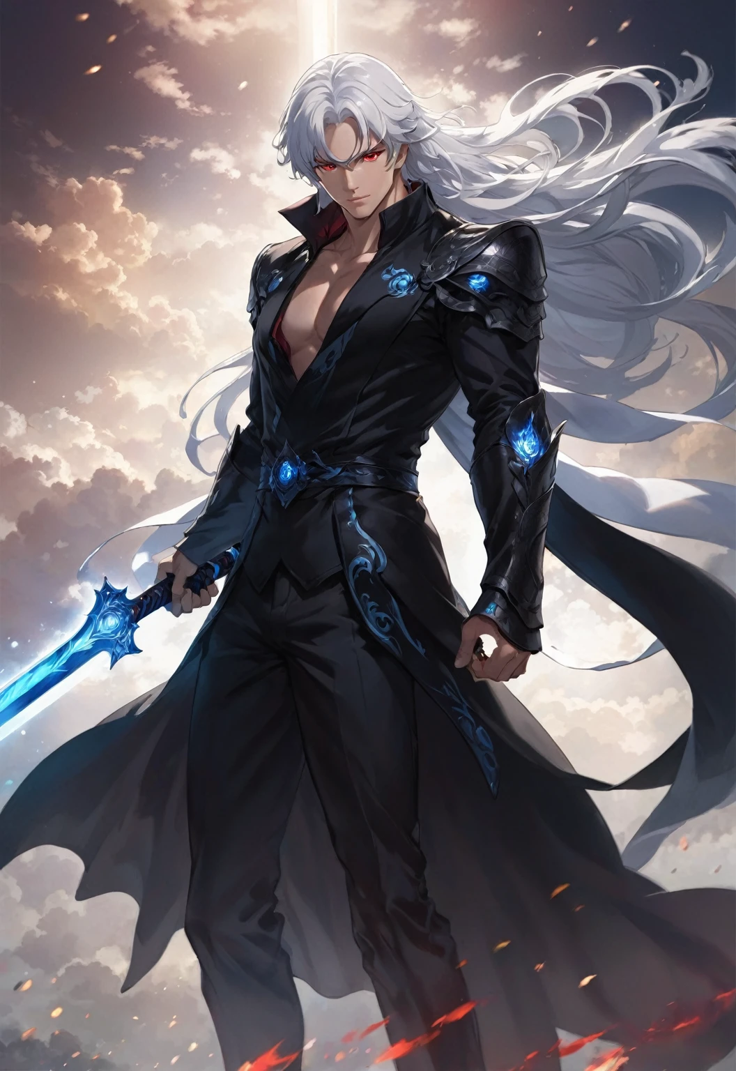 red eyed, holding blue glowing sword, anime man dressed in red, white hair, perfect hands,