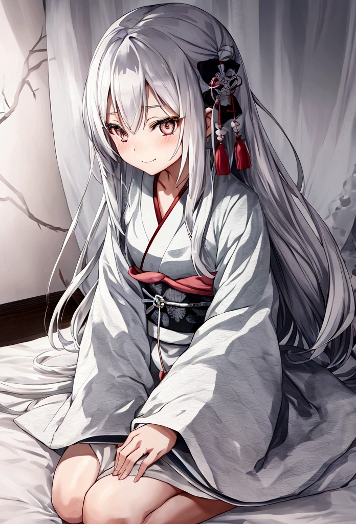 Japanese anime, girl, alone, silver white hair, in the bed, small smile, silver white eyes