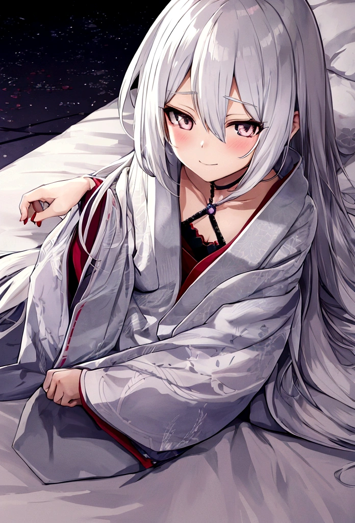 Japanese anime, girl, alone, silver white hair, in the bed, small smile, silver white eyes