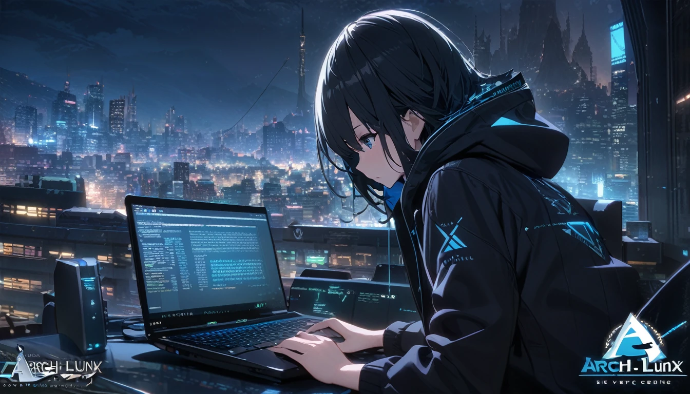 ((Arch Linux)), ((Logo)), Wallpaper, Tech, ((Hacker)), ((Coding)), Rooftop, City, Night, HD, High Resolution, Masterpiece, 4K