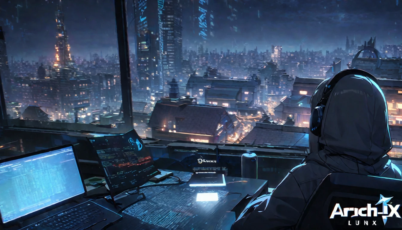 ((Arch Linux)), ((Logo)), Wallpaper, Tech, ((Hacker)), ((Coding)), Rooftop, City, Night, HD, High Resolution, Masterpiece, 4K