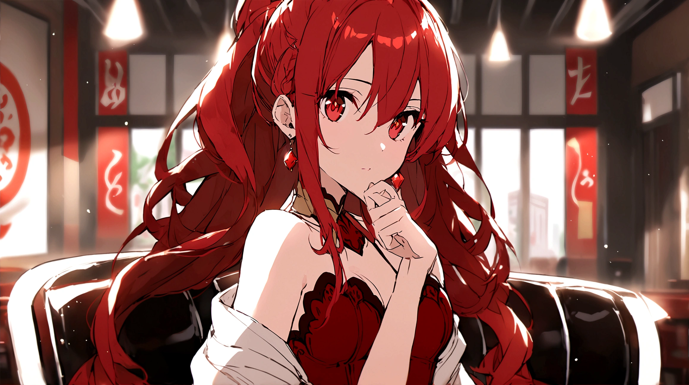 woman with huge . her hair is red and long. her eyes are RED AND GOLD.