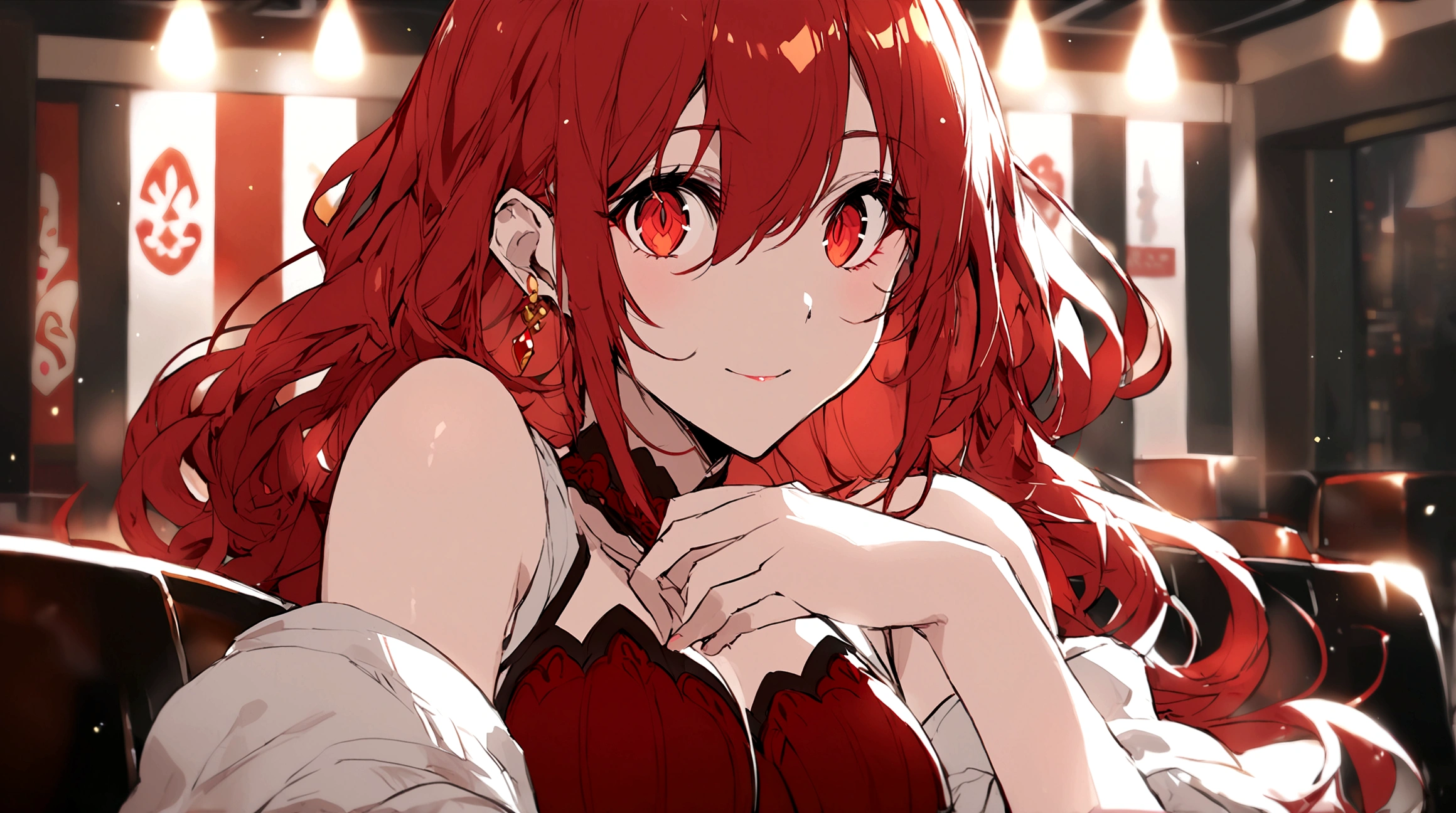 woman with huge . her hair is red and long. her eyes are RED AND GOLD.
