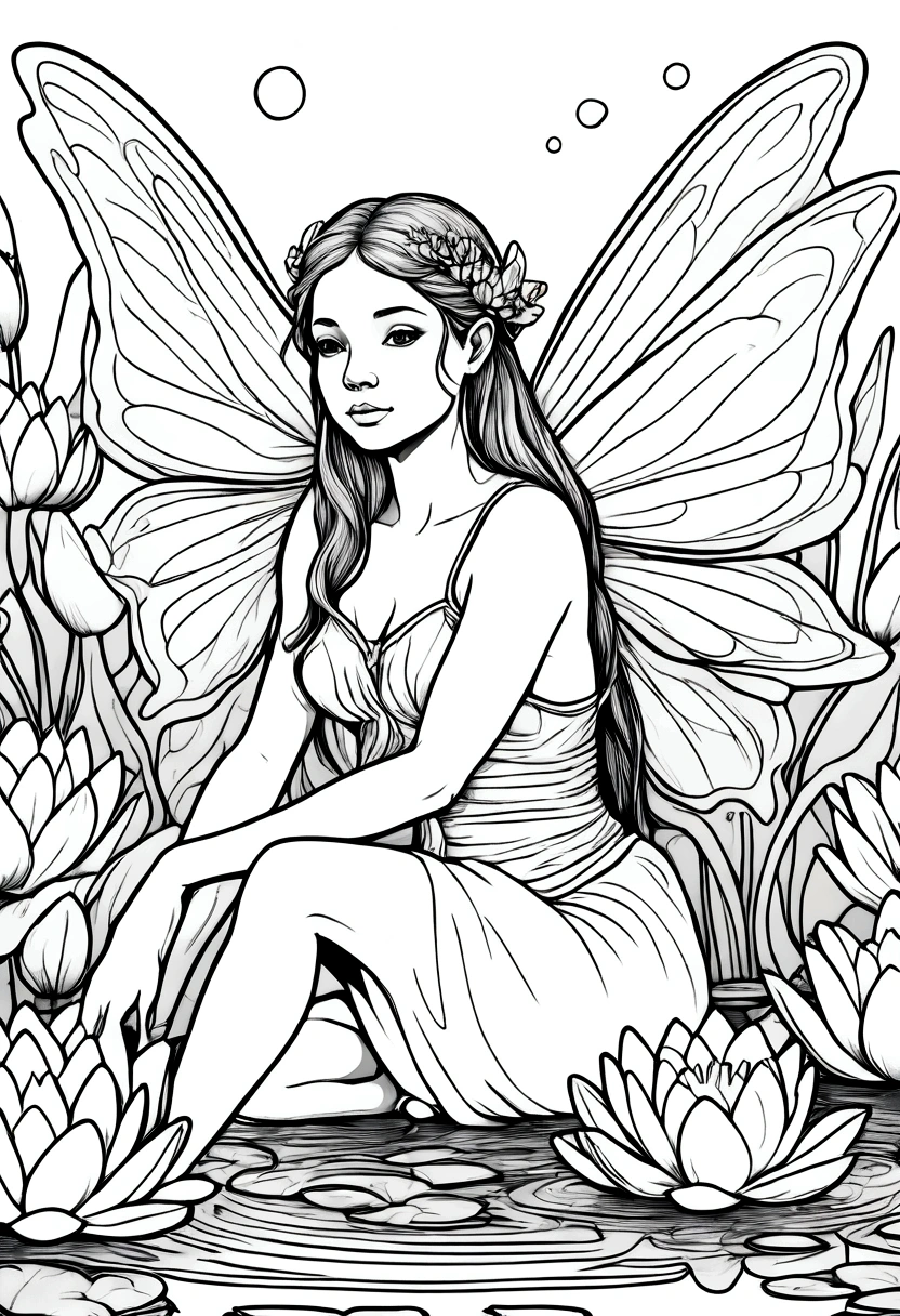 A fairy sitting on a lily pad, surrounded by blooming water lilies. clean line art, white background, colouring page, clean outline,