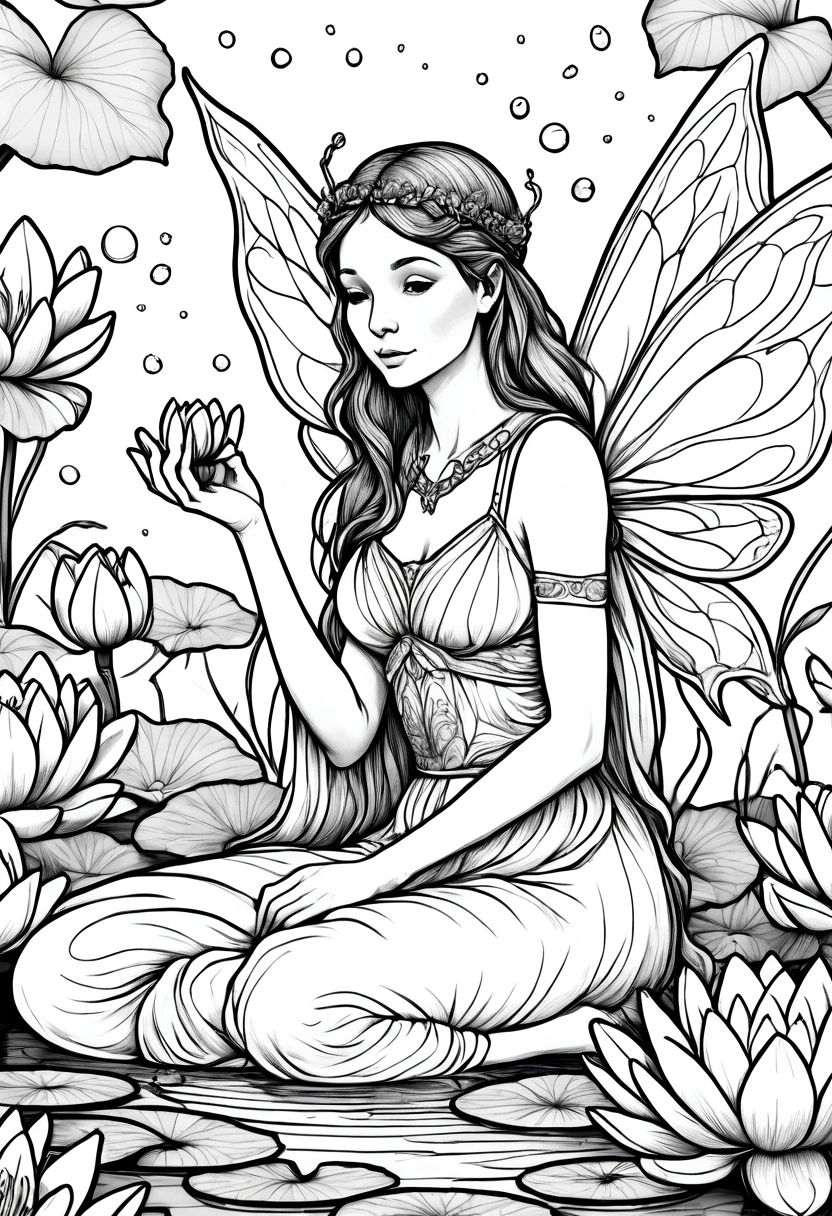 A fairy sitting on a lily pad, surrounded by blooming water lilies. clean line art, white background, colouring page, clean outline,