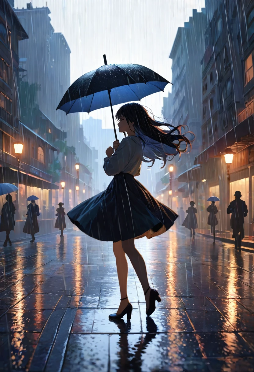 masterpiece, highly detailed, cinematic, 4k resolution, stunning, breathtaking, dramatic, Dancing in the Rain, impressionistic, woman, silhouette, cityscape, soft light, joyful, romantic, flowing hair, smiling, umbrella, streetlight, nostalgic, no blurry, no low resolution, no ugly, no deformed, no unrealistic, no cartoon, no anime