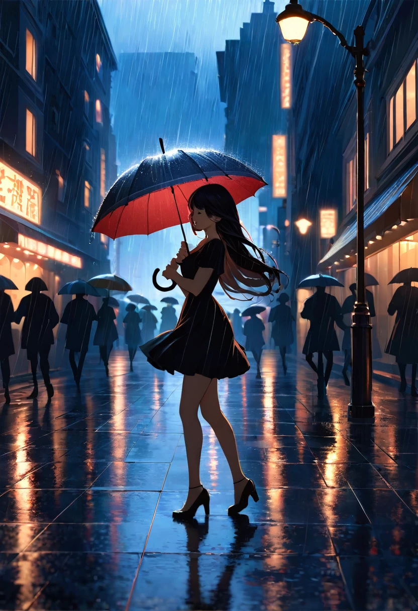 masterpiece, highly detailed, cinematic, 4k resolution, stunning, breathtaking, dramatic, Dancing in the Rain, impressionistic, woman, silhouette, cityscape, soft light, joyful, romantic, flowing hair, smiling, umbrella, streetlight, nostalgic, no blurry, no low resolution, no ugly, no deformed, no unrealistic, no cartoon, no anime