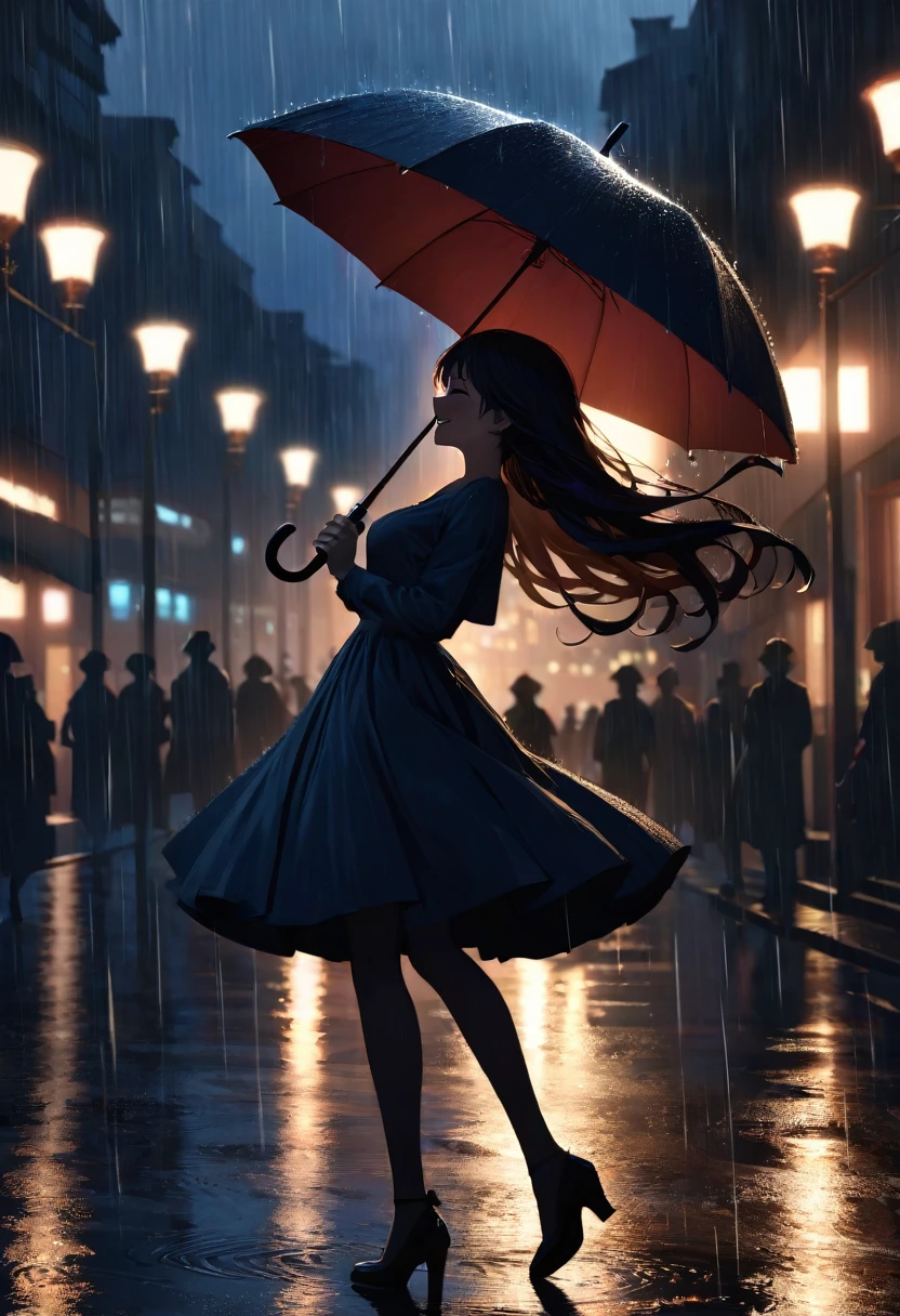 masterpiece, highly detailed, cinematic, 4k resolution, stunning, breathtaking, dramatic, Dancing in the Rain, impressionistic, woman, silhouette, cityscape, soft light, joyful, romantic, flowing hair, smiling, umbrella, streetlight, nostalgic, no blurry, no low resolution, no ugly, no deformed, no unrealistic, no cartoon, no anime