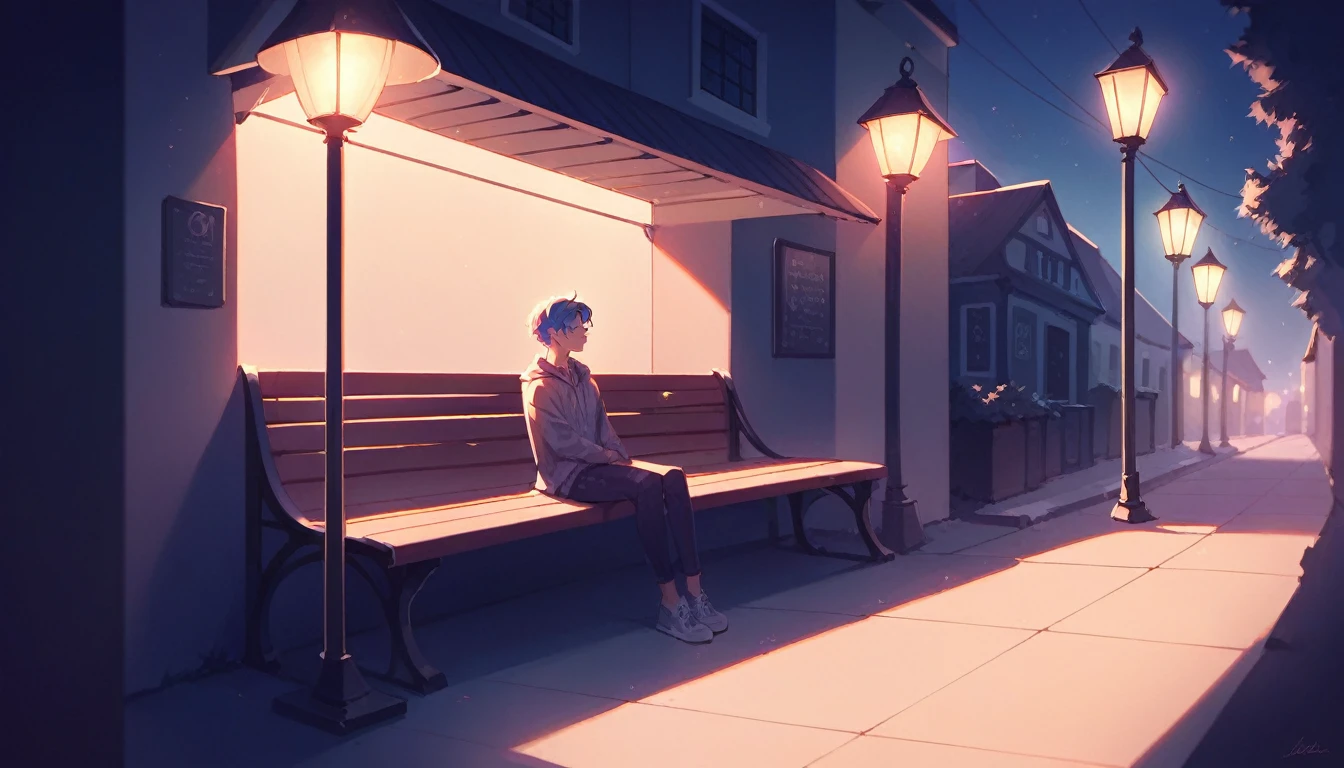 score_9, score_8_up, score_7_up, by rella, a girl sitting on a bench looking out in the night, sitting in a gas station, dark, nighttime, viewed from the back, spotlight on the girl, illuminated by a street light, blue colors, somber, peaceful, masterpiece.
