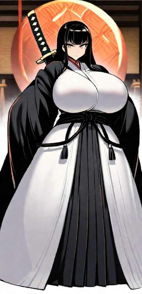 Samurai woman with hyper breasts, she has extremely wide hips, she wears a long dark hakama that covers her body, holding katana, she has a serious look on her face, ready for battle