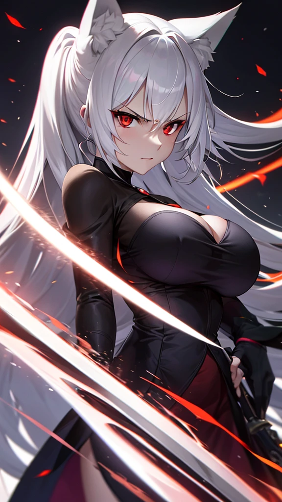 An adult woman half fox and wolf, wide breasts, red eyes, white hair, very angry, with an open little black dress, holding a sword