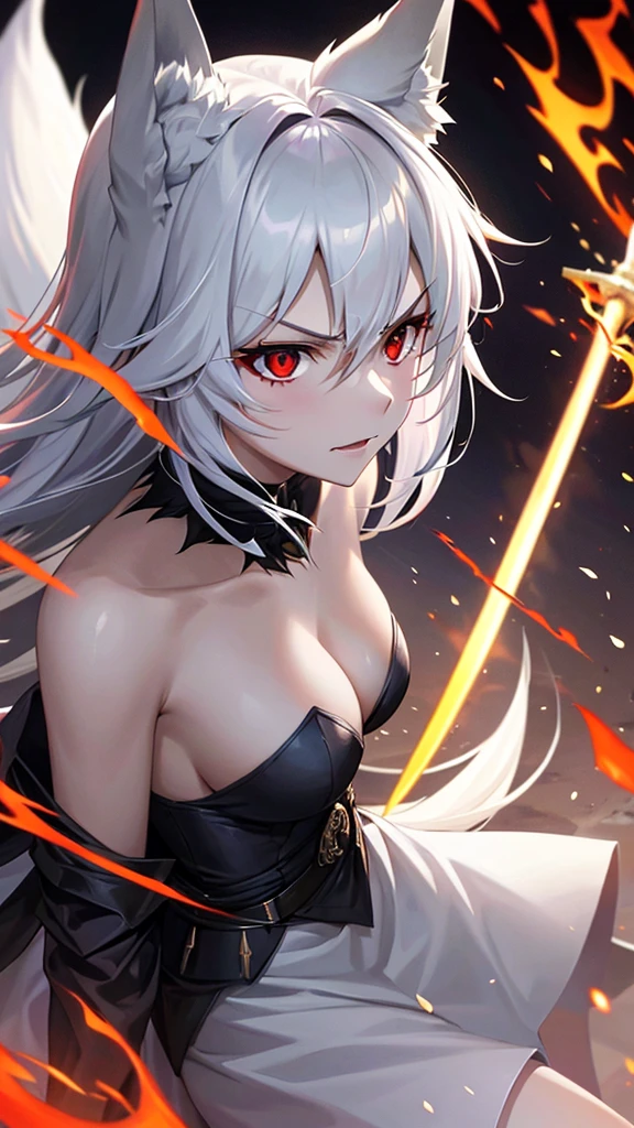 An adult woman half fox and wolf, wide breasts, red eyes, white hair, very angry, with an open little black dress, holding a sword