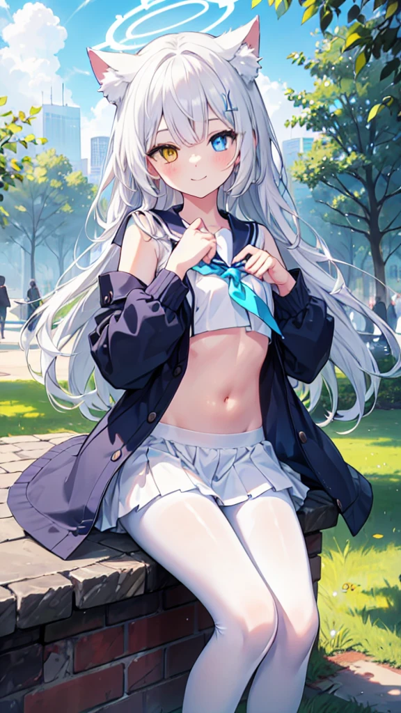 Sailor Suit，Clothes showing belly，girl，White pantyhose，White hair，Long hair，Cat ear，Heterochromia blue-yellow，Smile，Female face，There are bright spots in the eyes，Female hands，White little hands，Normal fingers，flat chest，in the park，Blue ring halo